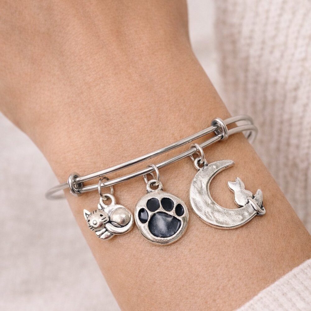 Silver Cat Moon Paw Print Charm Bracelet Expandable Cat Lover Gift